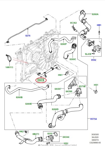 From transmission oil cooler to radiator water hose LR034626